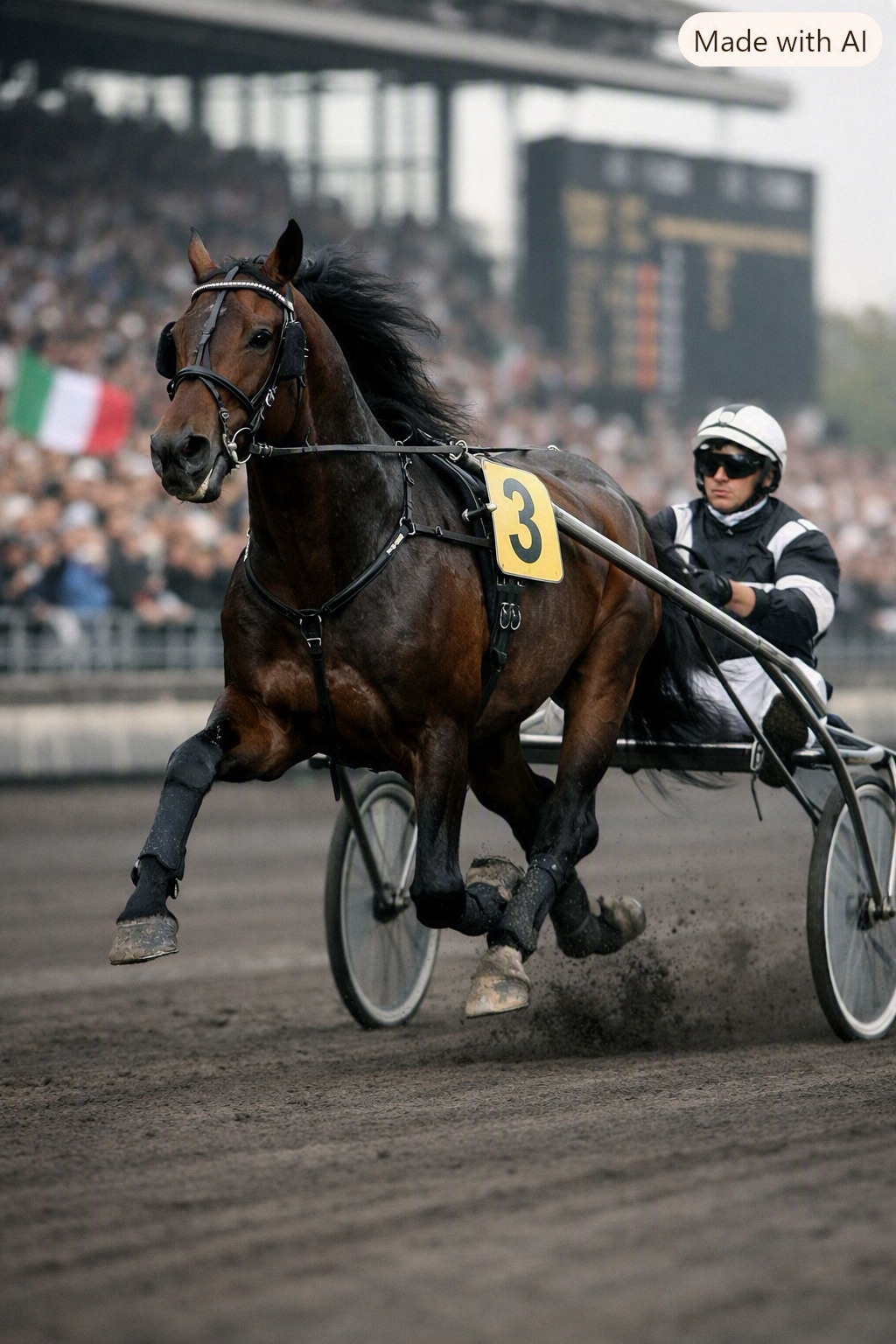 Cavallo da trotto in pista con il suo driver
